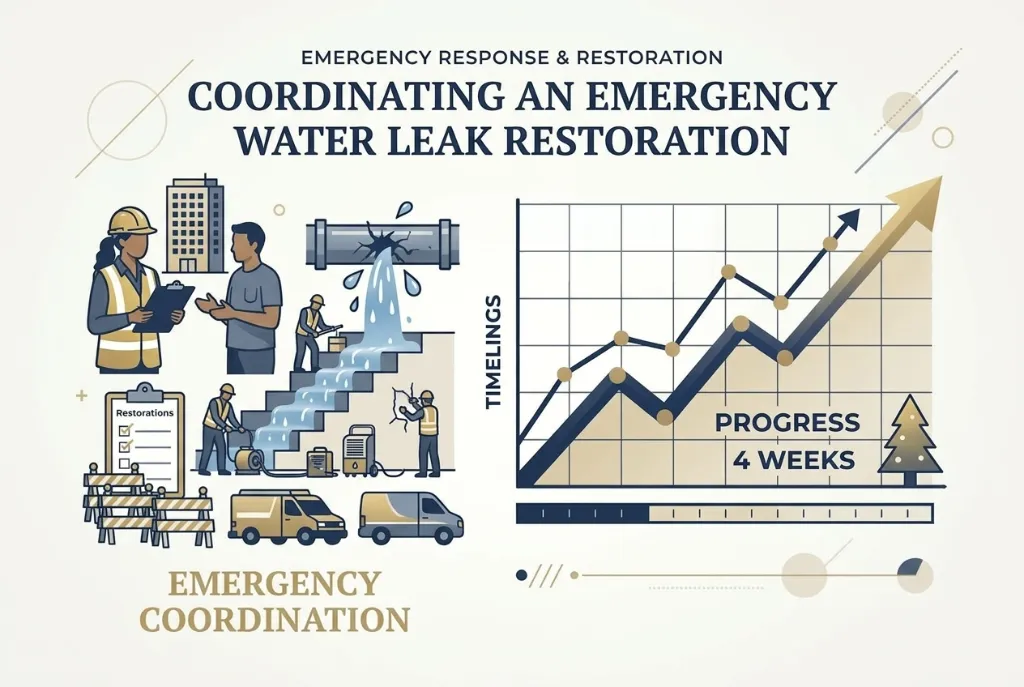 Illustration of emergency water leak coordination and restoration progress