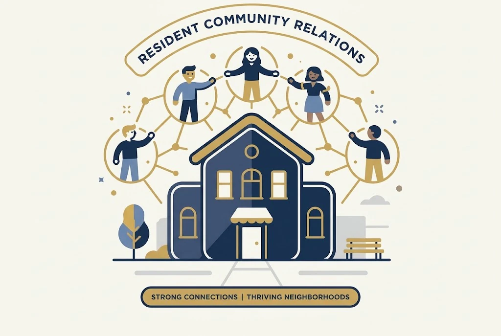 Illustration of a community of people connected around a building